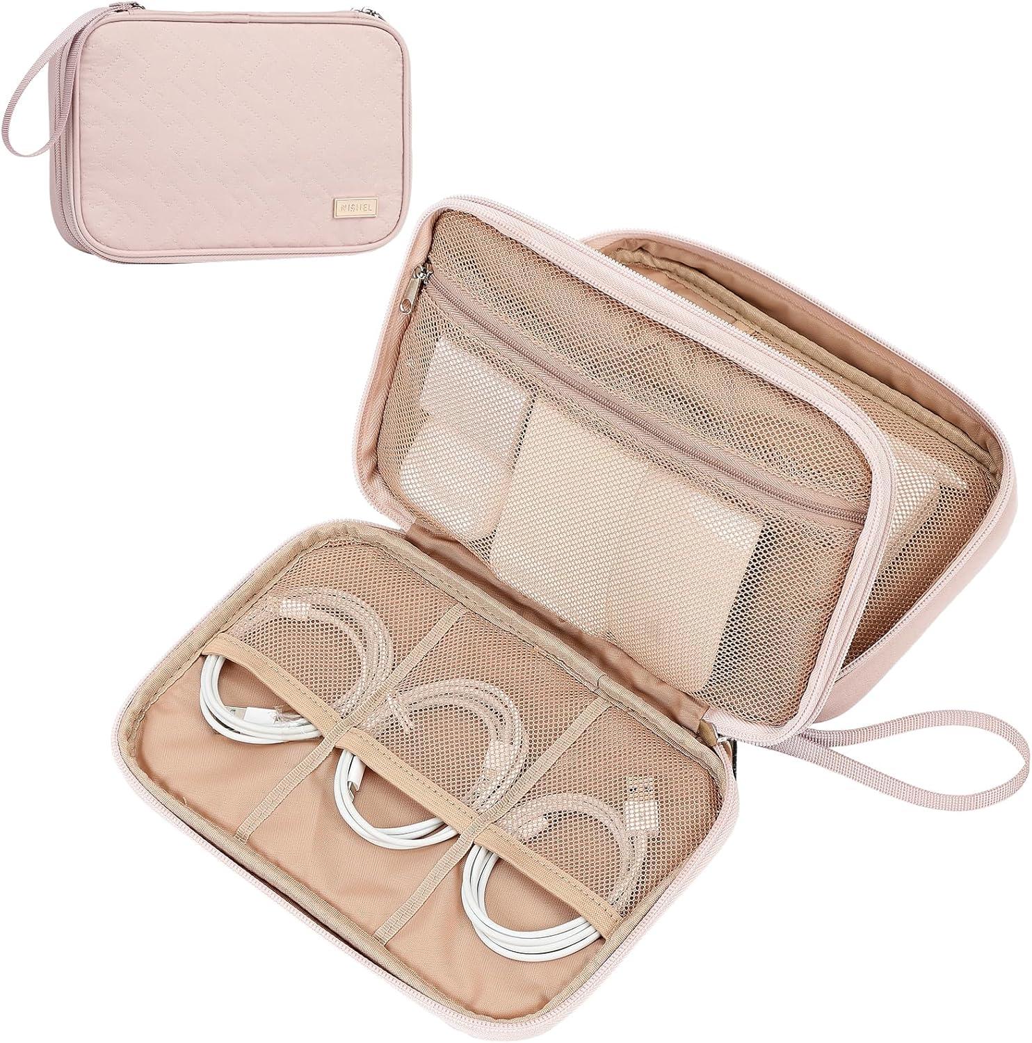 imageNISHEL Travel Cord Organizer Case Double Layers Tech Electronic Bag Essentials for Charger Cable Phone Flash drive Large PurplePink