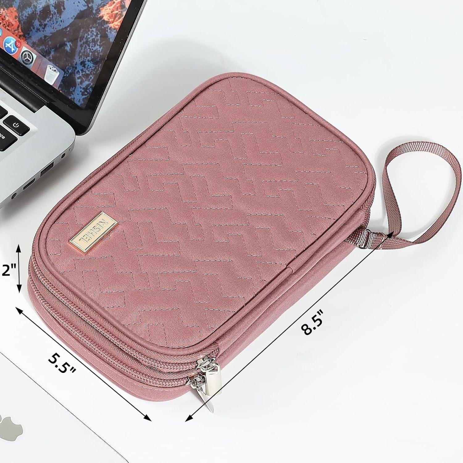 imageNISHEL Travel Cord Organizer Case Double Layers Tech Electronic Bag Essentials for Charger Cable Phone Flash drive Large PurpleRosewood Pink