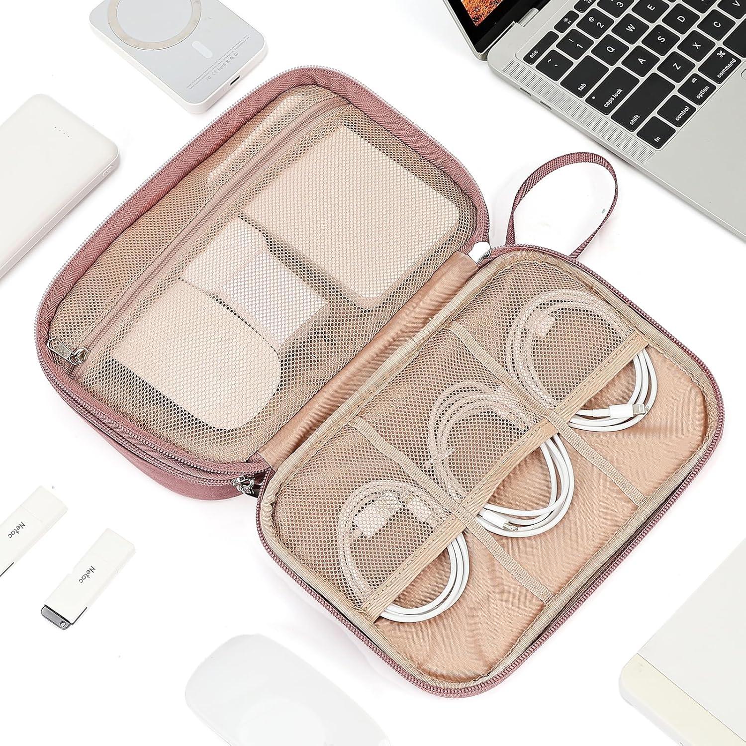 imageNISHEL Travel Cord Organizer Case Double Layers Tech Electronic Bag Essentials for Charger Cable Phone Flash drive Large PurpleRosewood Pink