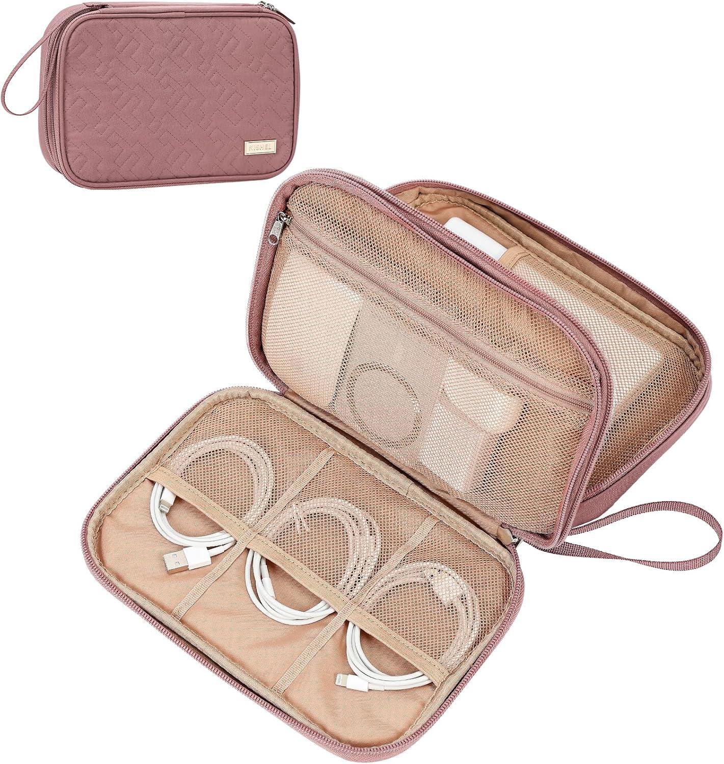 imageNISHEL Travel Cord Organizer Case Double Layers Tech Electronic Bag Essentials for Charger Cable Phone Flash drive Large PurpleRosewood Pink
