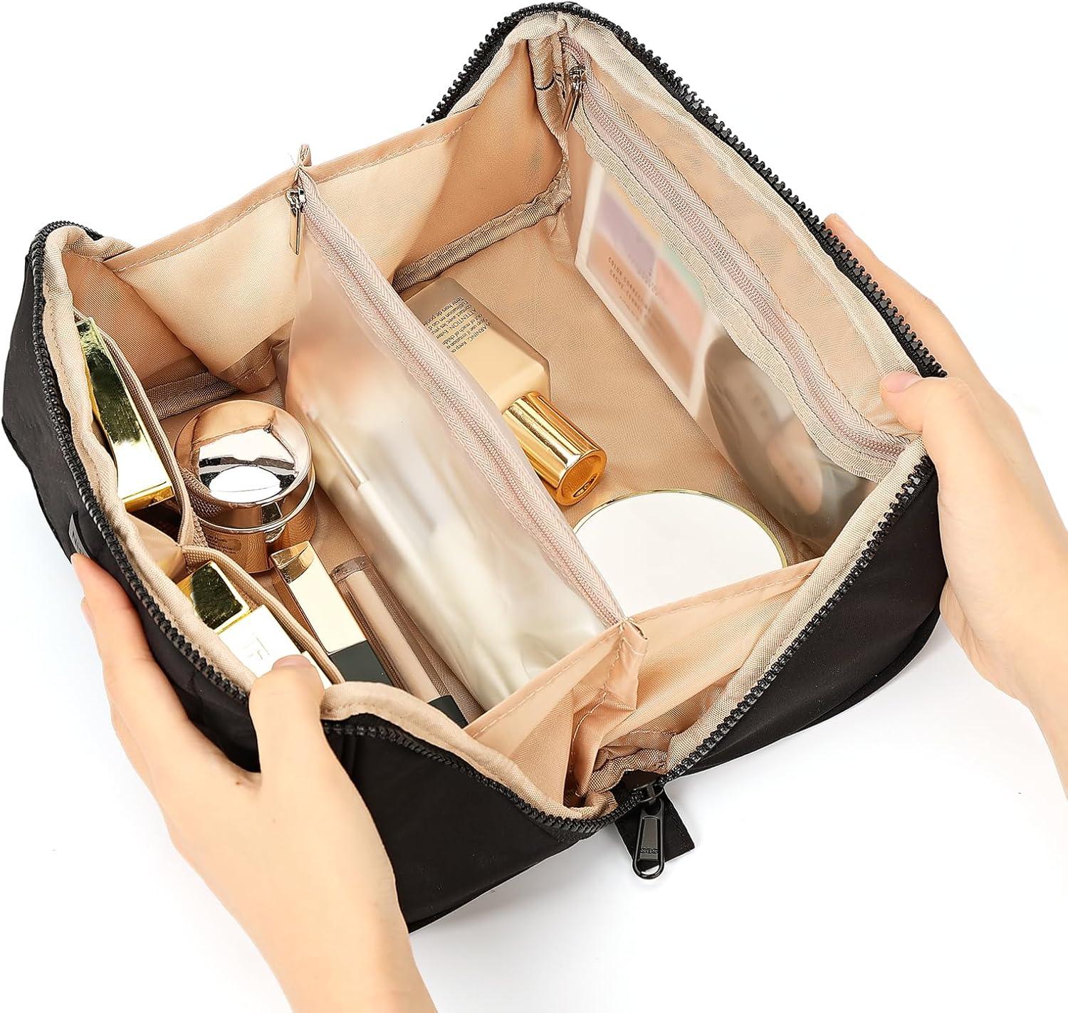 imageNISHEL Travel Makeup Bag for Women Fluffy ampamp Lightweight Open Flat Cosmetic Organizer with Multiple Functional Divider for Brush Independent Storage Handle for Easy Portability BlackBlack