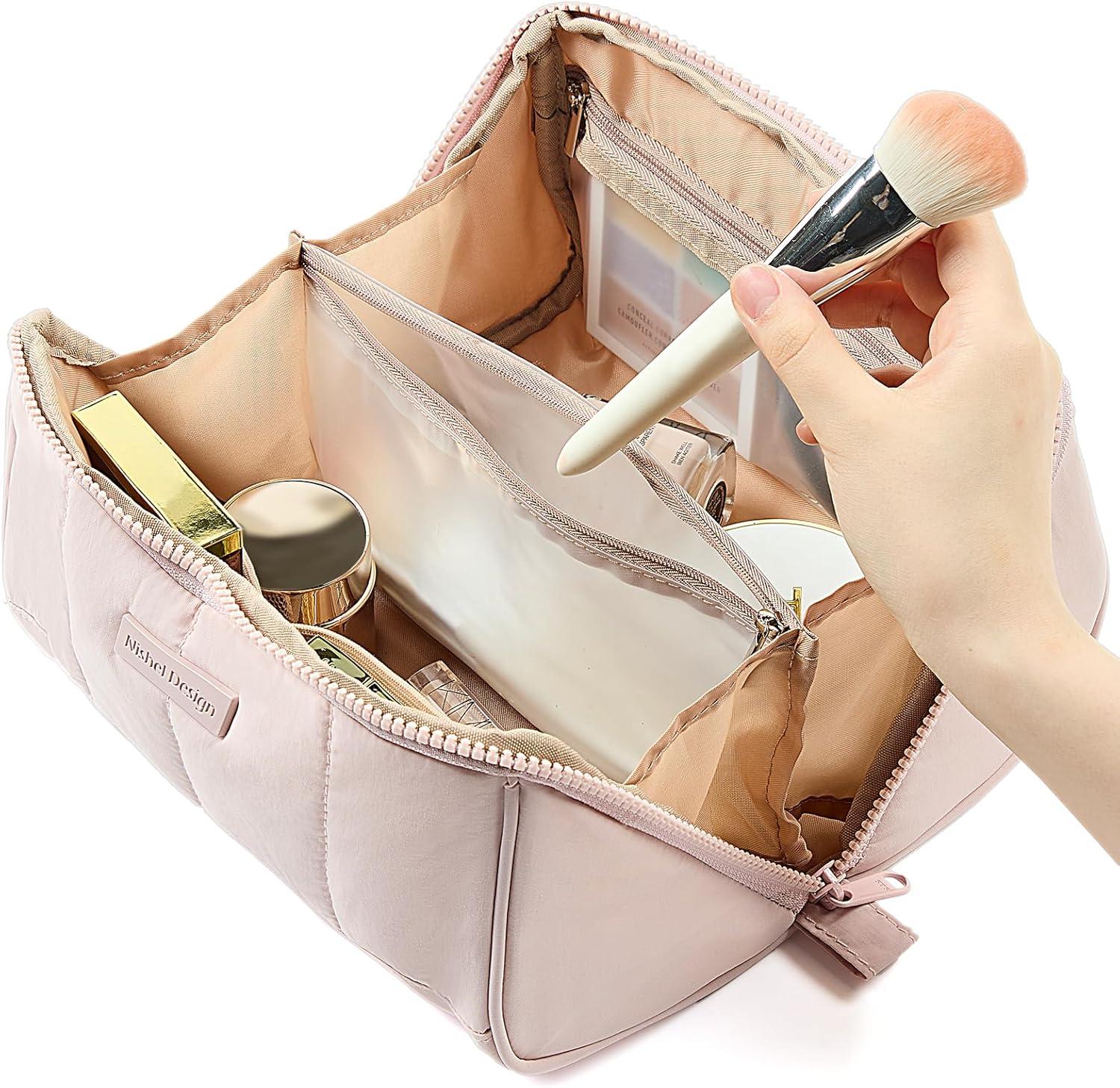 imageNISHEL Travel Makeup Bag for Women Fluffy ampamp Lightweight Open Flat Cosmetic Organizer with Multiple Functional Divider for Brush Independent Storage Handle for Easy Portability BlackPink