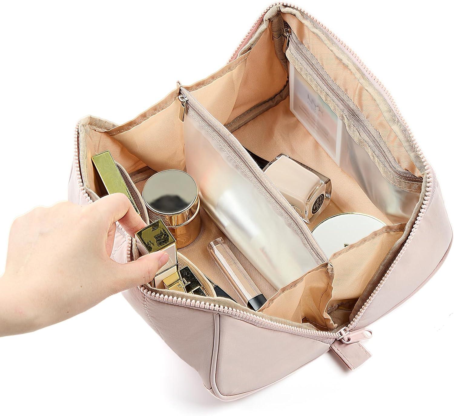 imageNISHEL Travel Makeup Bag for Women Fluffy ampamp Lightweight Open Flat Cosmetic Organizer with Multiple Functional Divider for Brush Independent Storage Handle for Easy Portability BlackPink