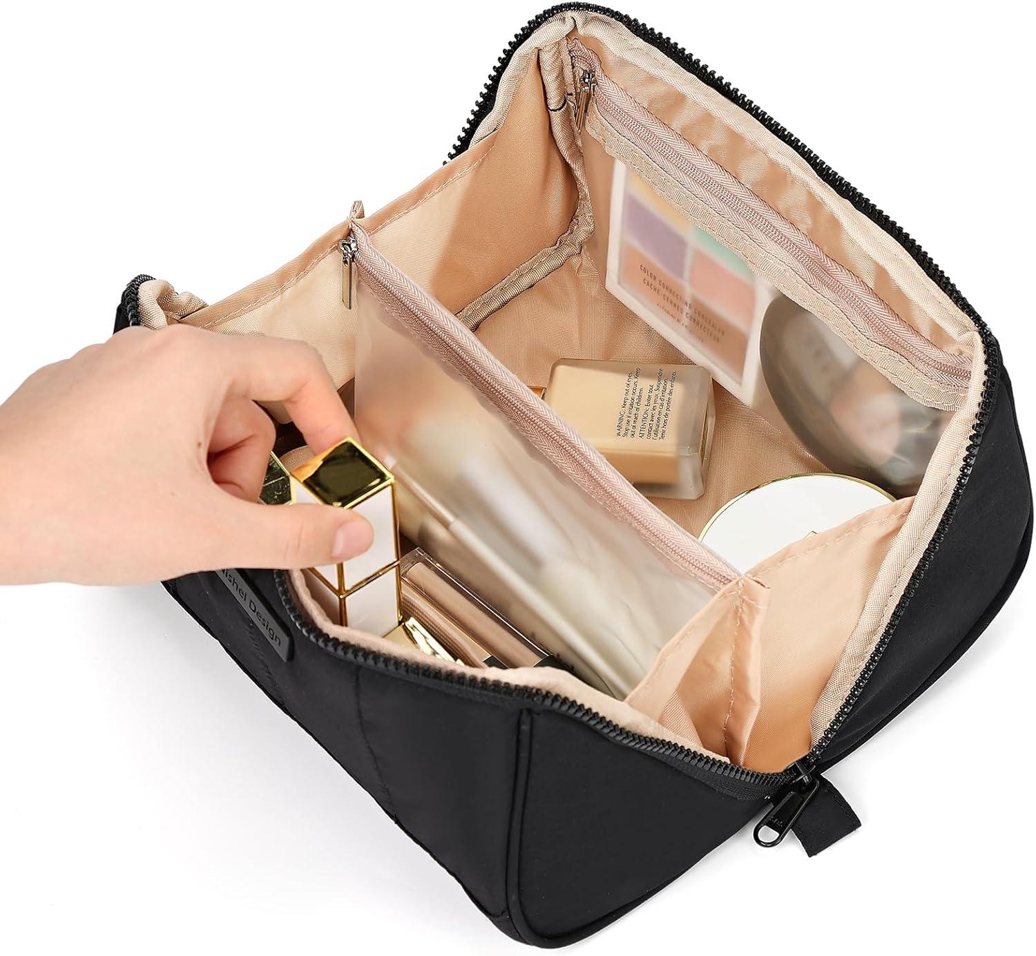 imageNISHEL Travel Makeup Bag for Women Fluffy ampamp Lightweight Open Flat Cosmetic Organizer with Multiple Functional Divider for Brush Independent Storage Handle for Easy Portability BlackBlack