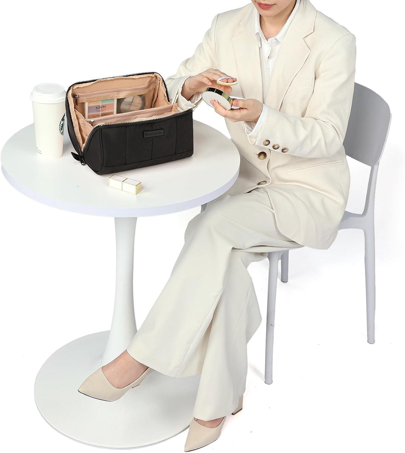 imageNISHEL Travel Makeup Bag for Women Fluffy ampamp Lightweight Open Flat Cosmetic Organizer with Multiple Functional Divider for Brush Independent Storage Handle for Easy Portability BlackBlack