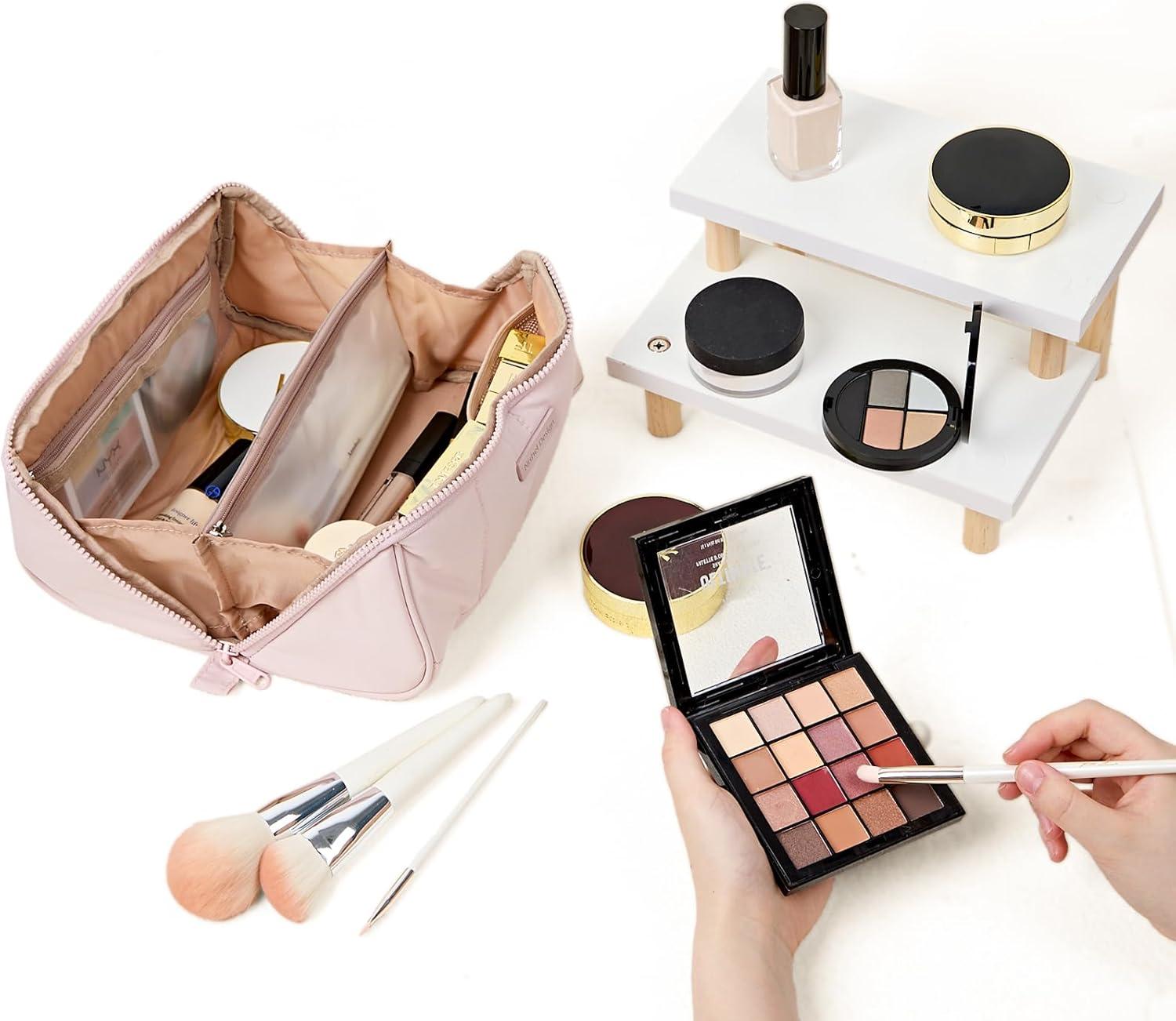 imageNISHEL Travel Makeup Bag for Women Fluffy ampamp Lightweight Open Flat Cosmetic Organizer with Multiple Functional Divider for Brush Independent Storage Handle for Easy Portability BlackPink