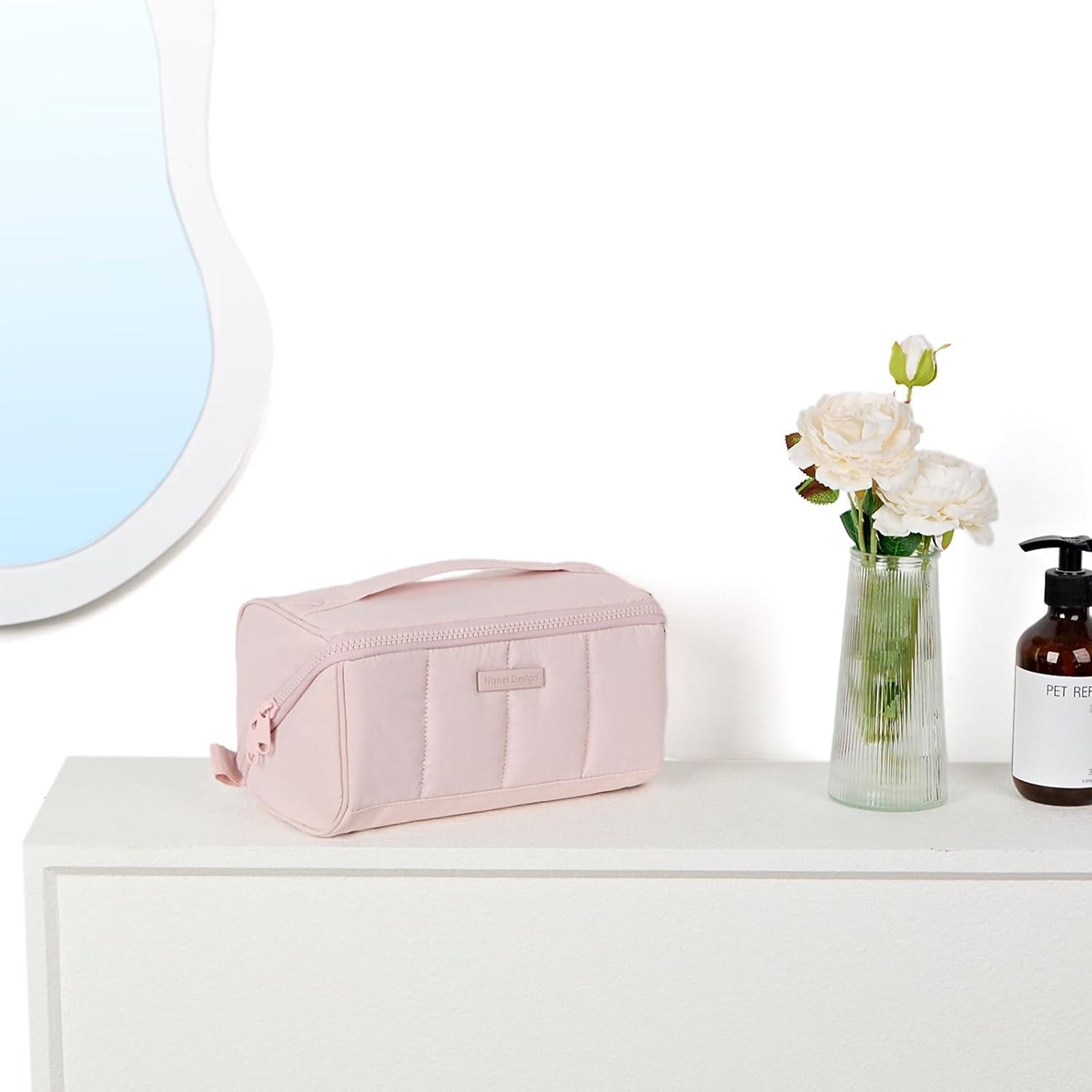 imageNISHEL Travel Makeup Bag for Women Fluffy ampamp Lightweight Open Flat Cosmetic Organizer with Multiple Functional Divider for Brush Independent Storage Handle for Easy Portability BlackPink