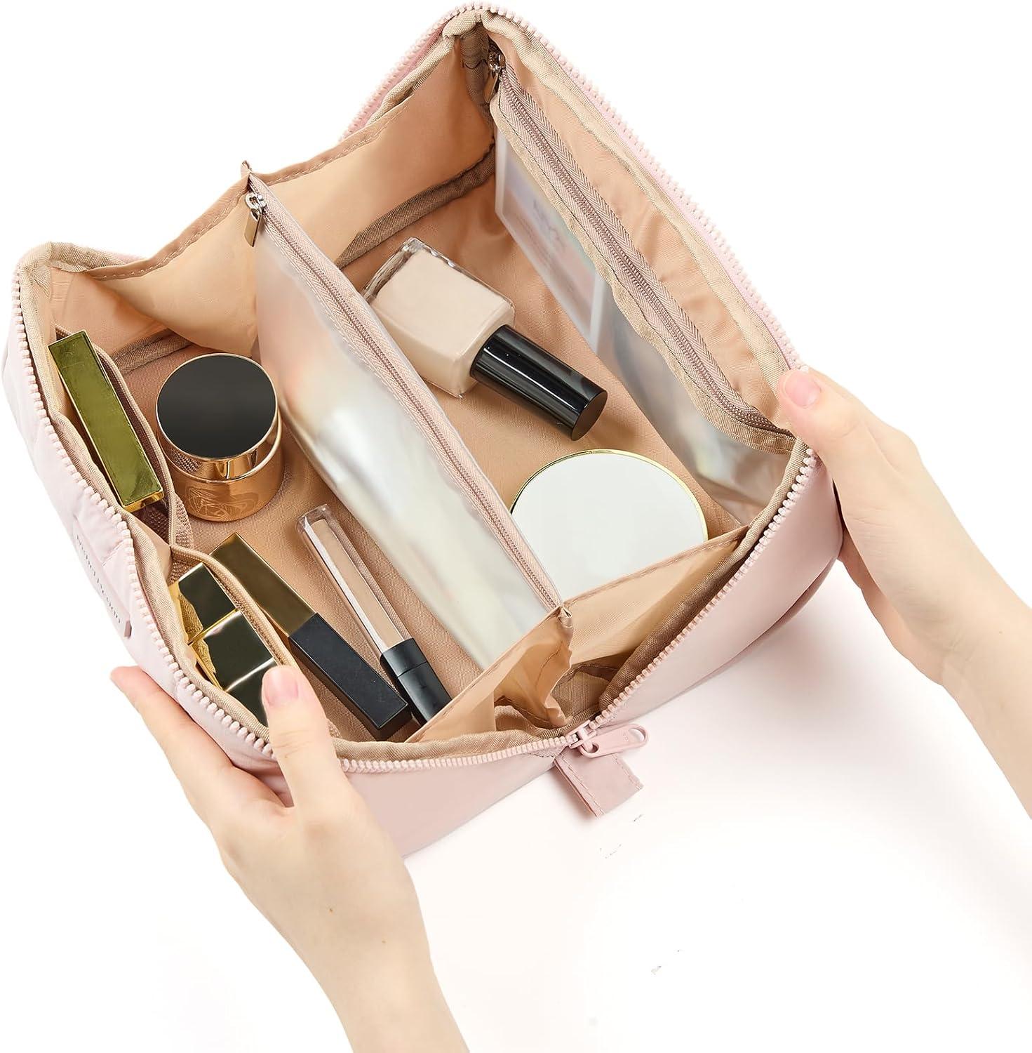 imageNISHEL Travel Makeup Bag for Women Fluffy ampamp Lightweight Open Flat Cosmetic Organizer with Multiple Functional Divider for Brush Independent Storage Handle for Easy Portability BlackPink