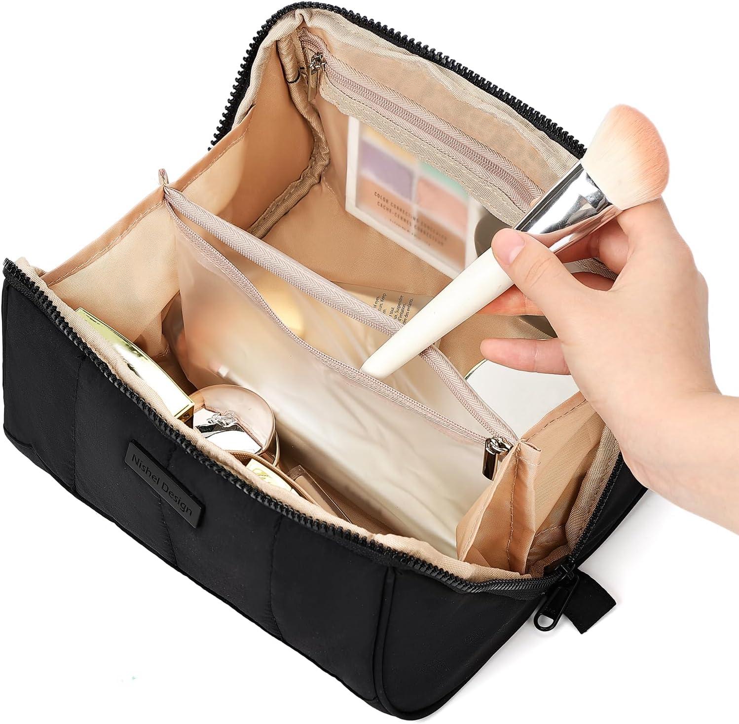 imageNISHEL Travel Makeup Bag for Women Fluffy ampamp Lightweight Open Flat Cosmetic Organizer with Multiple Functional Divider for Brush Independent Storage Handle for Easy Portability BlackBlack