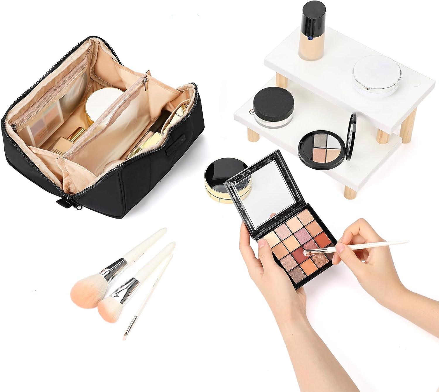 imageNISHEL Travel Makeup Bag for Women Fluffy ampamp Lightweight Open Flat Cosmetic Organizer with Multiple Functional Divider for Brush Independent Storage Handle for Easy Portability BlackBlack