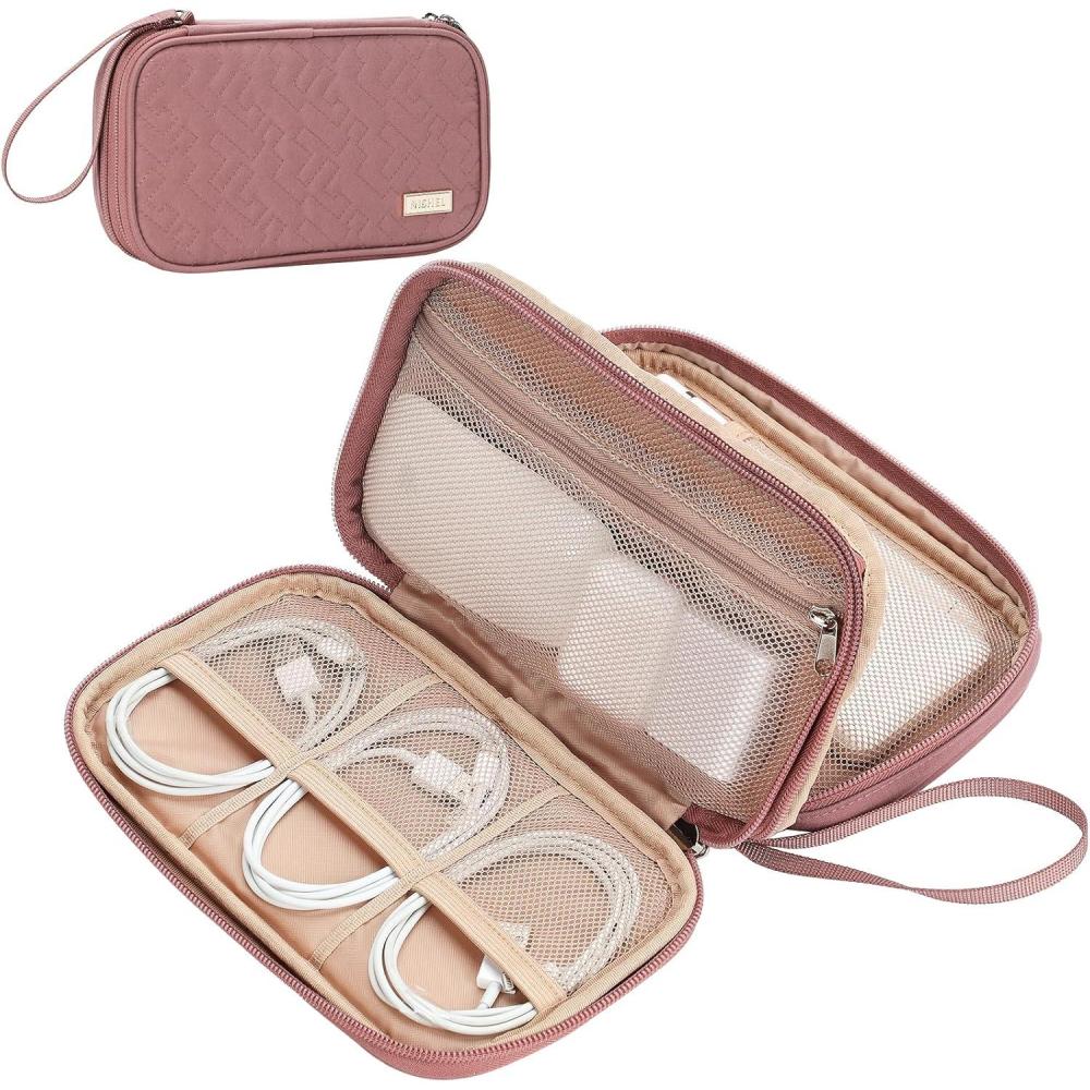 imageNISHEL Travel Cord Organizer Case Double Layers Tech Electronic Bag Essentials for Charger Cable Phone Flash drive Large PurpleRosewood Pink