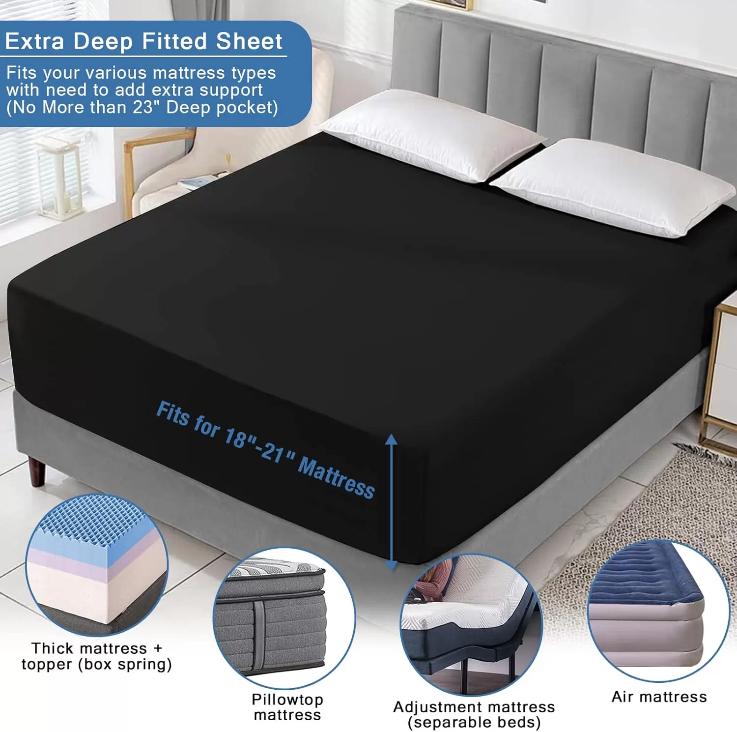 imageBedecor Black Full Fitted Sheet Only Deep Pocket for 1821 inch Thick Mattress That Stay Tight Extra Deep Bottom Sheet Soft for Pillow Top Mattress Air Mattress