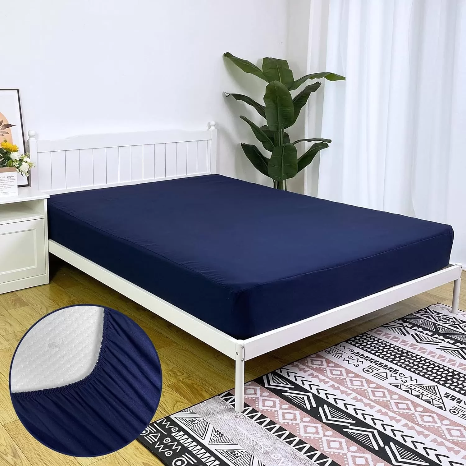 imageBedecor Cal King Fitted Sheet Snug Fit Stay in Place1 Bottom Sheet Only Soft Elastic Microfiber Durable Standard Pocket Fit up to 13 inch Mattress PerfectlyWhiteNavy