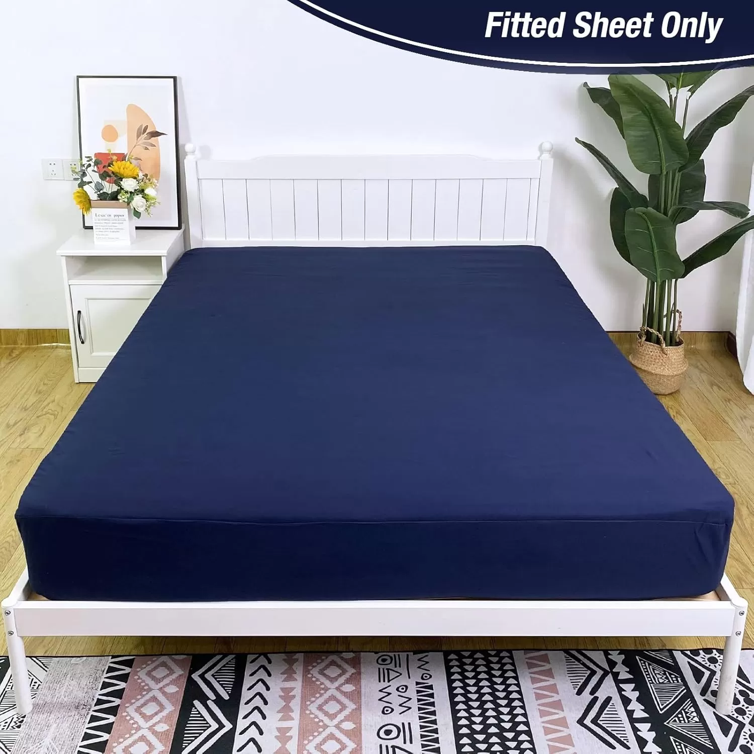imageBedecor Cal King Fitted Sheet Snug Fit Stay in Place1 Bottom Sheet Only Soft Elastic Microfiber Durable Standard Pocket Fit up to 13 inch Mattress PerfectlyWhiteNavy