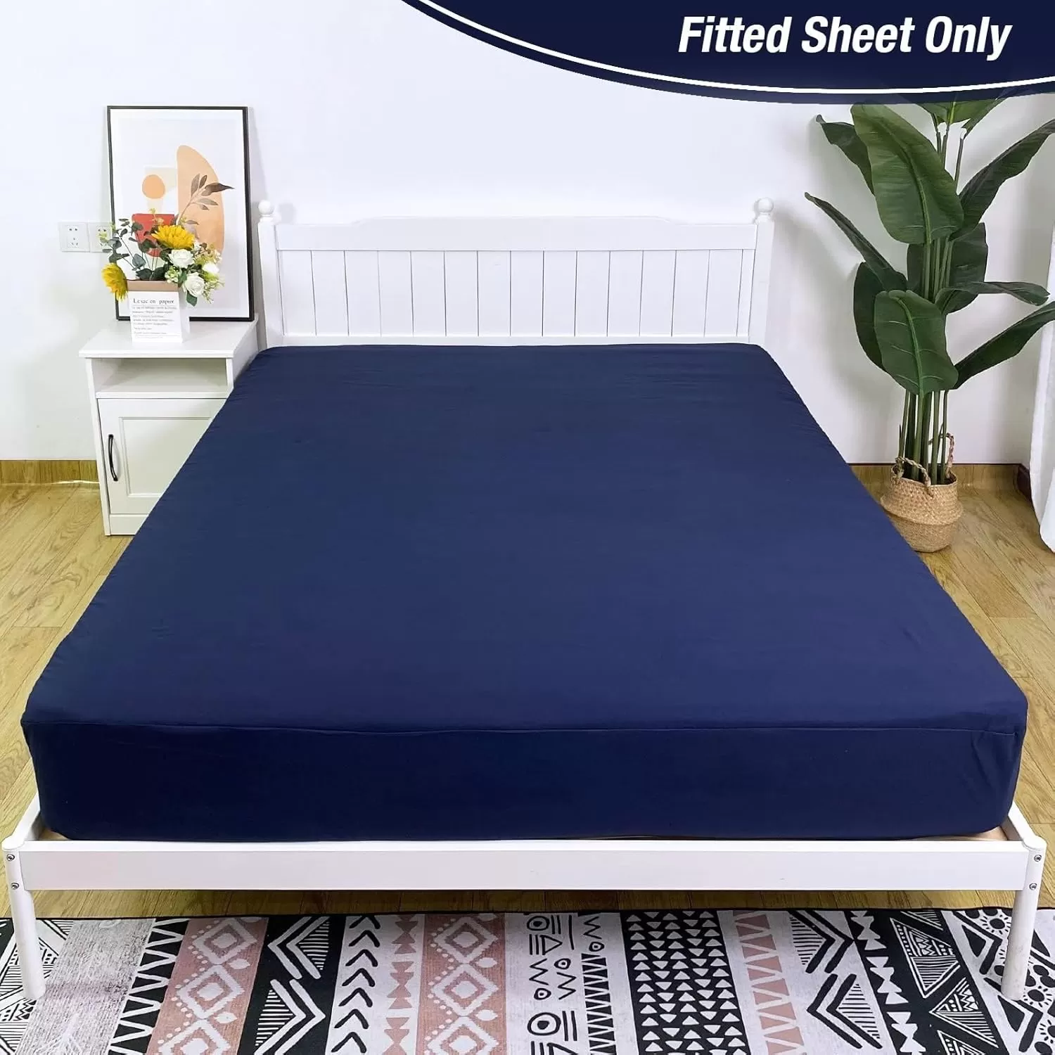 imageBedecor Cal King Fitted Sheet Snug Fit Stay in Place1 Bottom Sheet Only Soft Elastic Microfiber Durable Standard Pocket Fit up to 13 inch Mattress PerfectlyWhiteNavy