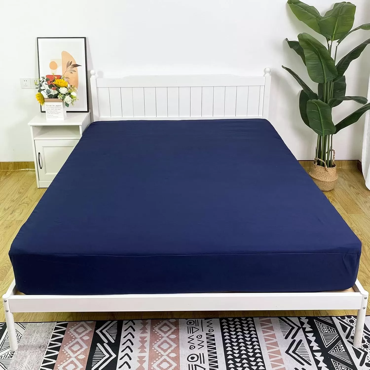 imageBedecor Cal King Fitted Sheet Snug Fit Stay in Place1 Bottom Sheet Only Soft Elastic Microfiber Durable Standard Pocket Fit up to 13 inch Mattress PerfectlyWhiteNavy