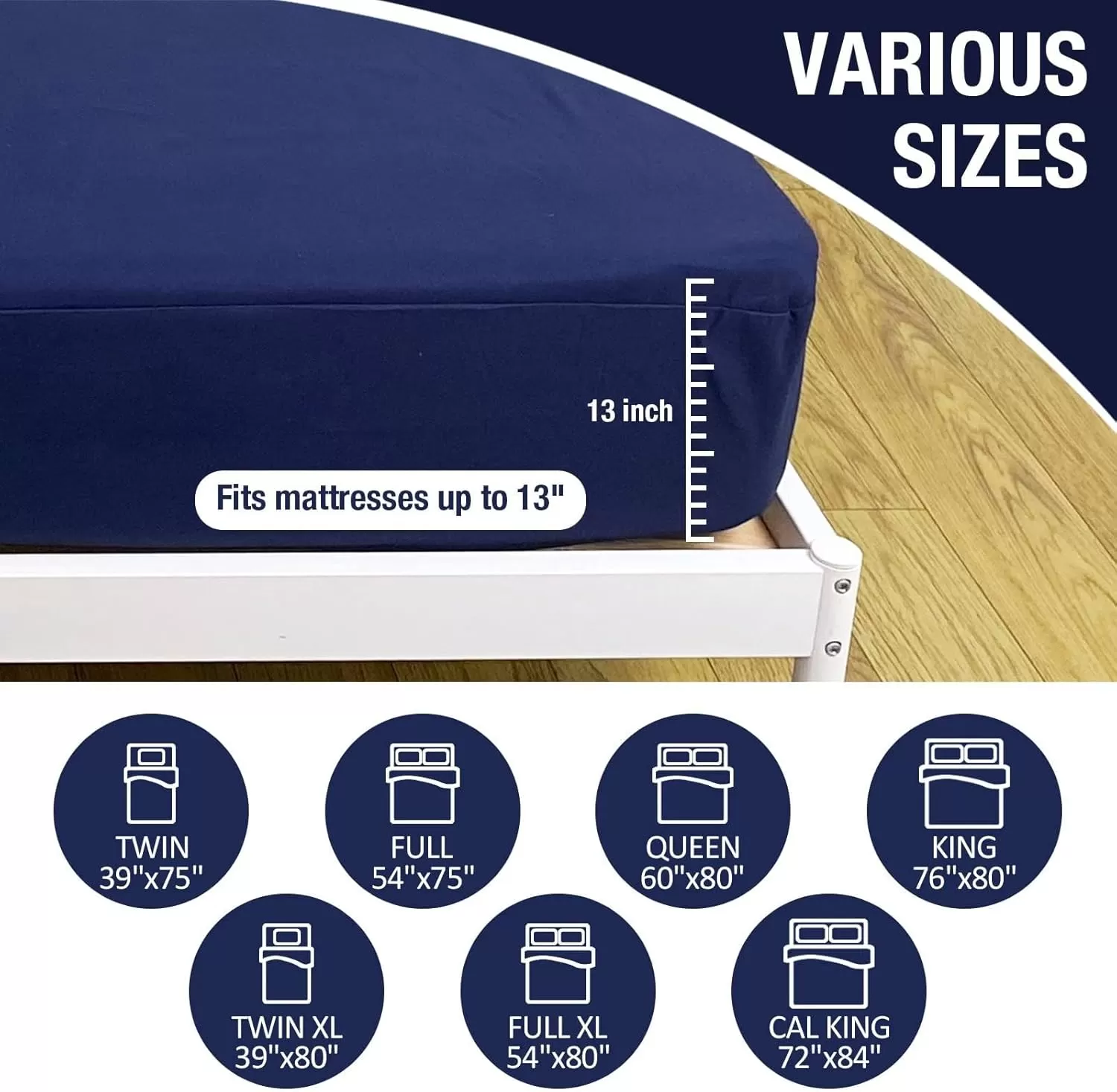 imageBedecor Cal King Fitted Sheet Snug Fit Stay in Place1 Bottom Sheet Only Soft Elastic Microfiber Durable Standard Pocket Fit up to 13 inch Mattress PerfectlyWhiteNavy