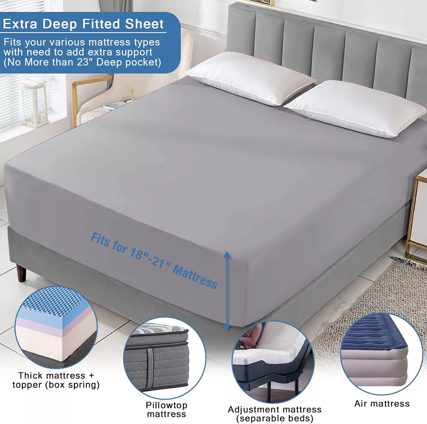 imageBedecor Extra Deep Pocket Twin Fitted Sheet Only for 18 to 21 Inch Super Thick Mattress That Stay TightAll Around Elastic BottomDoesnt Pop OffLight Gray