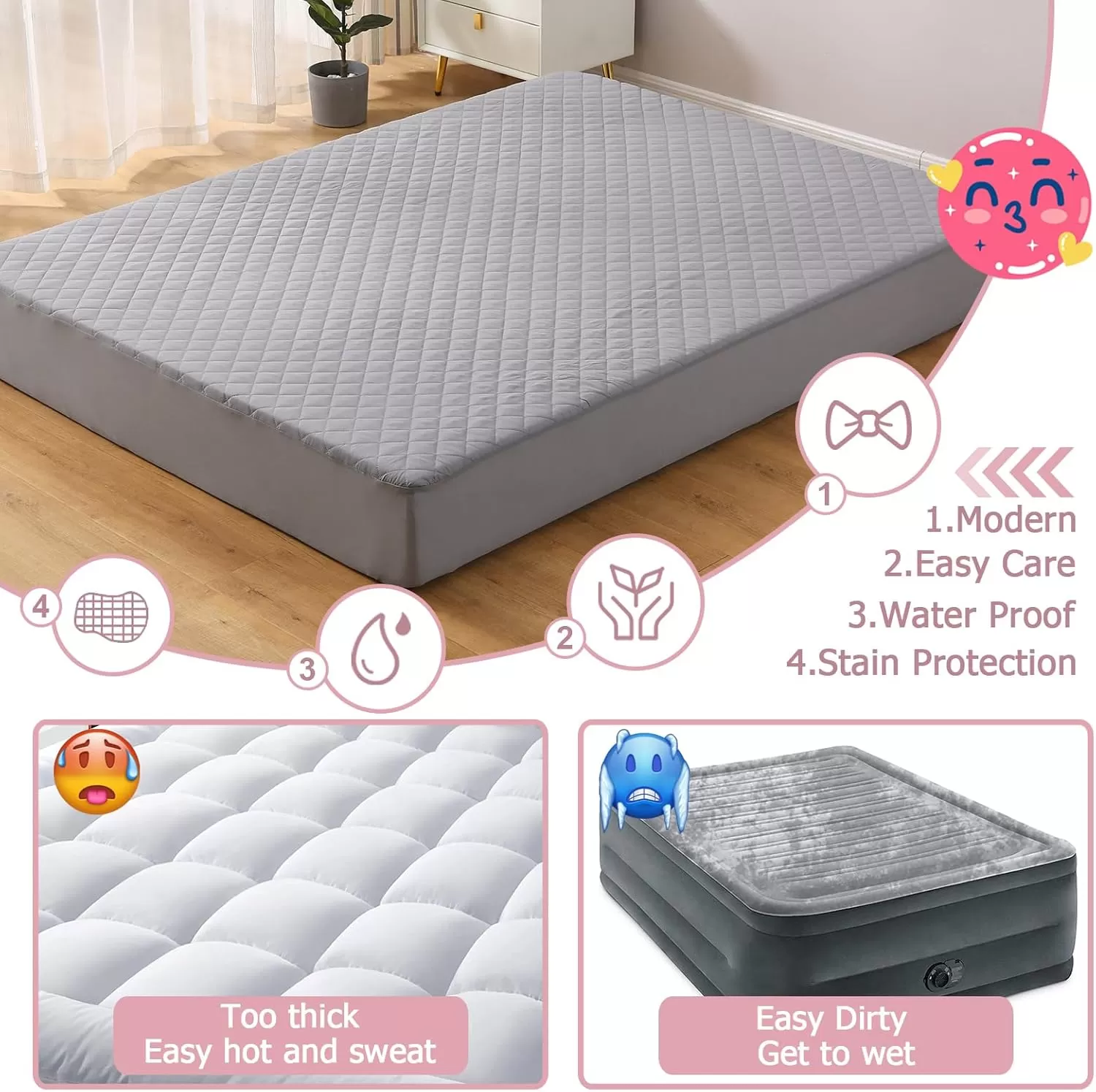 imageBedecor King Air Mattress Pad Cover Gray Waterproof Mattress Topper Quilted Air Bed Mattress Protector Heavy Absorbent Soft Breathable ampamp Noiseless Mattress Pad Fitted Style Deep Up to 18quotTwin