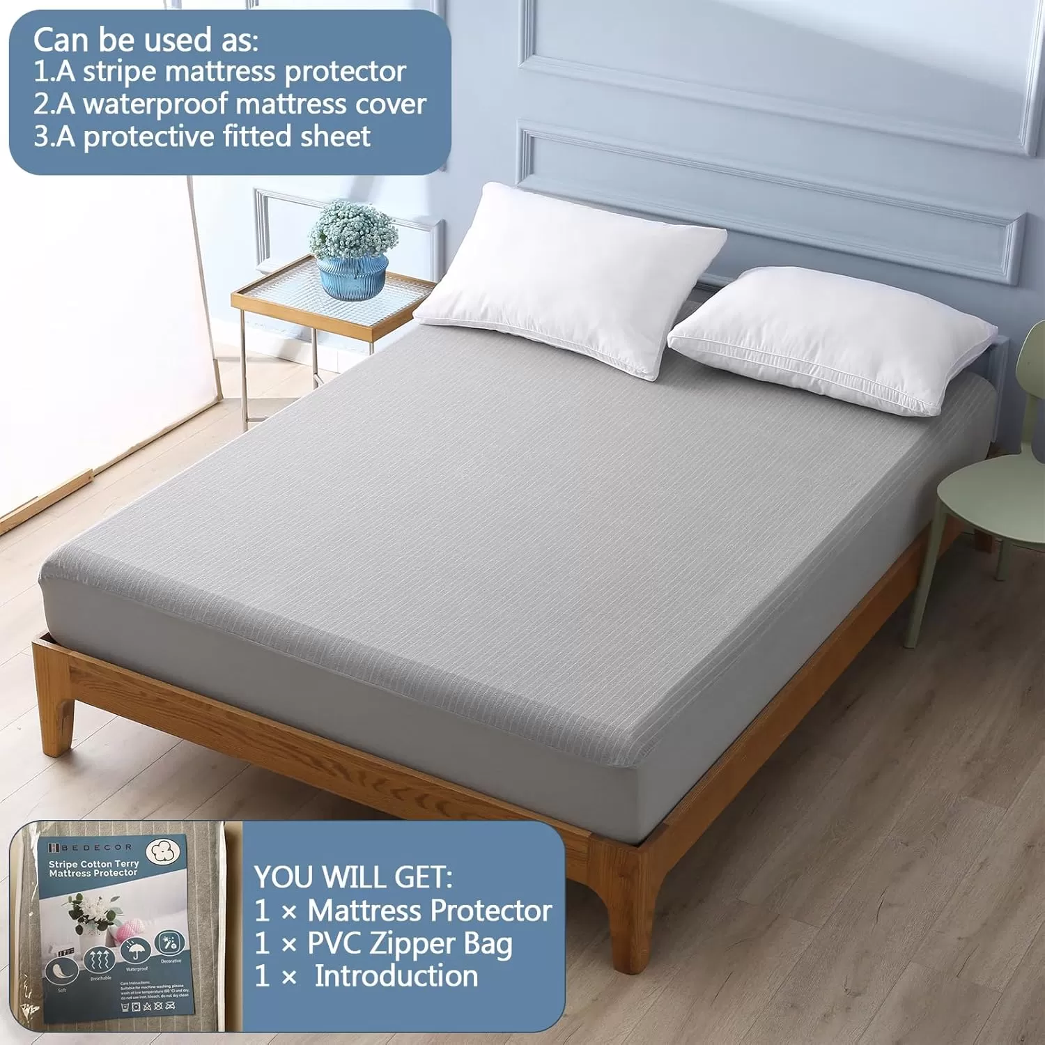 imageBedecor Twin Size Mattress Protector Waterproof Mattress Cover 39quot75quotStripe Mattress Sheet Stylish SoftDeep Pockets to 18quot GreyTwin