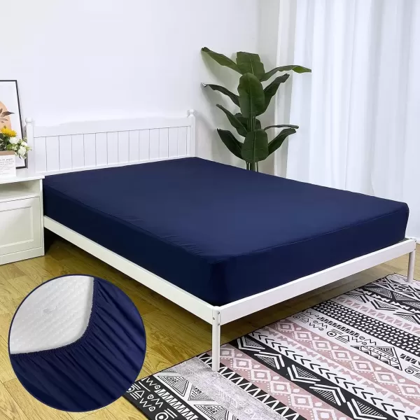 imageBedecor Cal King Fitted Sheet Snug Fit Stay in Place1 Bottom Sheet Only Soft Elastic Microfiber Durable Standard Pocket Fit up to 13 inch Mattress PerfectlyWhiteNavy