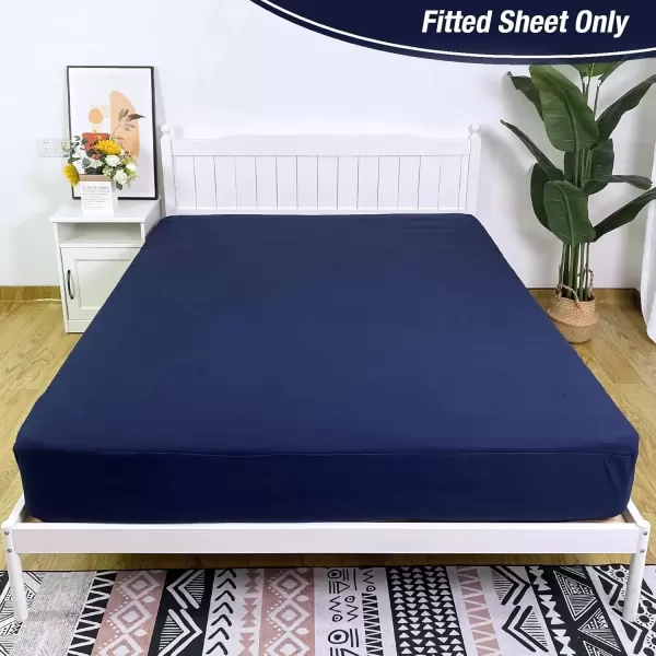 imageBedecor Cal King Fitted Sheet Snug Fit Stay in Place1 Bottom Sheet Only Soft Elastic Microfiber Durable Standard Pocket Fit up to 13 inch Mattress PerfectlyWhiteNavy