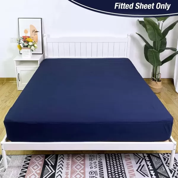 imageBedecor Cal King Fitted Sheet Snug Fit Stay in Place1 Bottom Sheet Only Soft Elastic Microfiber Durable Standard Pocket Fit up to 13 inch Mattress PerfectlyWhiteNavy