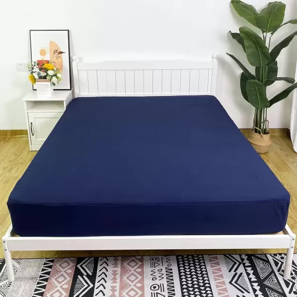 imageBedecor Cal King Fitted Sheet Snug Fit Stay in Place1 Bottom Sheet Only Soft Elastic Microfiber Durable Standard Pocket Fit up to 13 inch Mattress PerfectlyWhiteNavy