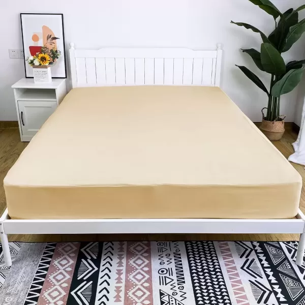 imageBedecor Cal King Fitted Sheet Snug Fit Stay in Place1 Bottom Sheet Only Soft Elastic Microfiber Durable Standard Pocket Fit up to 13 inch Mattress PerfectlyWhiteBeige