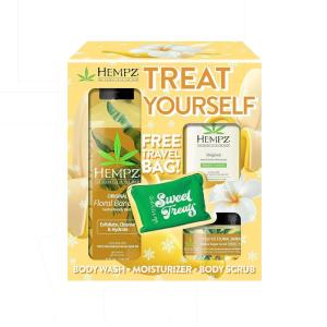 imageHempz Treat Yourself Floral Banana Herbal Moisturizing Body Wash 17 Oz Body Scrub 73 Oz ampamp Moisturizer 125 Oz Travel Bag  Festive Holiday Skin Care Gift Set for Women or Men with Dry