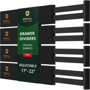 imageROYAL CRAFT WOOD Adjustable Bamboo Caddy Expandable Drawer Organization Separators For Kitchen Dresser Bedroom Bathroom and Office 4Pack Large up to 22 WhiteBlack