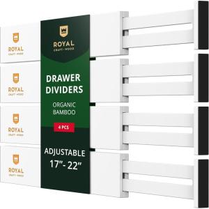 imageROYAL CRAFT WOOD Adjustable Bamboo Caddy Expandable Drawer Organization Separators For Kitchen Dresser Bedroom Bathroom and Office 4Pack Large up to 22 WhiteWhite