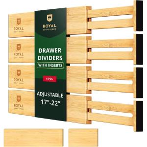 imageROYAL CRAFT WOOD Adjustable Bamboo Caddy Expandable Drawer Organization Separators For Kitchen Dresser Bedroom Bathroom and Office 4Pack Large up to 22 WhiteNatural with Inserts