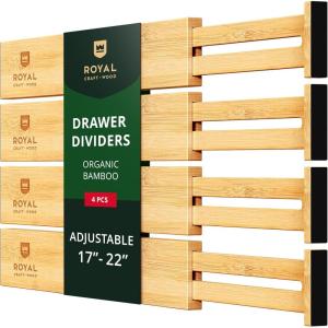 imageROYAL CRAFT WOOD Adjustable Bamboo Caddy Expandable Drawer Organization Separators For Kitchen Dresser Bedroom Bathroom and Office 4Pack Large up to 22 WhiteNatural