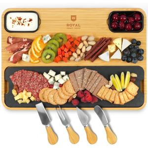 imageROYAL CRAFT WOOD Bamboo Charcuterie Boards  Cheese Board Set with 2 Sauce Bowls 4 Knives  Unique Charcuterie Board ampamp Serving Tray  House Warming Gifts New Home GiftsRectangular NonExpandable