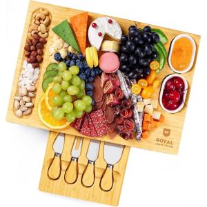 imageROYAL CRAFT WOOD Bamboo Charcuterie Boards  Cheese Board Set with 2 Sauce Bowls 4 Knives  Unique Charcuterie Board ampamp Serving Tray  House Warming Gifts New Home GiftsWith Bowls