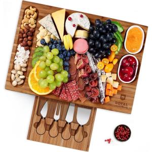 imageROYAL CRAFT WOOD Bamboo Charcuterie Boards  Cheese Board Set with 2 Sauce Bowls 4 Knives  Unique Charcuterie Board ampamp Serving Tray  House Warming Gifts New Home GiftsBrown With Bowls