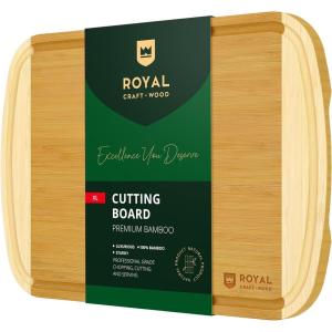imageROYAL CRAFT WOOD Bamboo Cutting Boards for Kitchen Wood Chopping Boards with Juice Groove Wooden Cutting Board for Vegetables Fruit and Cheese Charcuterie Serving Tray XL 18quot x 12quotTwoTone Bamboo