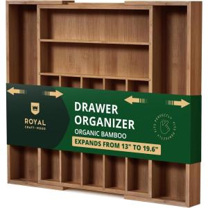 imageROYAL CRAFT WOOD Luxury Bamboo Kitchen Drawer Organizer  Silverware Organizer  Utensil Holder and Cutlery Tray with Grooved Drawer Dividers for Flatware and Kitchen Utensils 9 Slot BlackBrown Bamboo