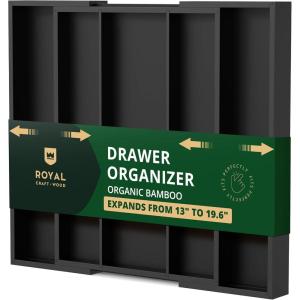 imageROYAL CRAFT WOOD Luxury Bamboo Kitchen Drawer Organizer  Silverware Organizer  Utensil Holder and Cutlery Tray with Grooved Drawer Dividers for Flatware and Kitchen Utensils 9 Slot BlackBlack