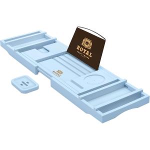 imageROYAL CRAFT WOOD Luxury Bathtub Caddy Tray One or Two Person Bath and Bed Tray Bonus Free Soap Holder Blue