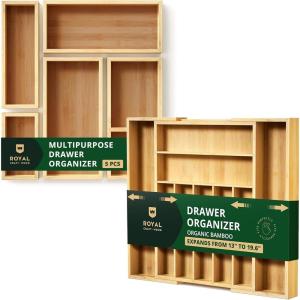 imageROYAL CRAFT WOOD Luxury Bamboo Kitchen Drawer Organizer and Storage Box 5pcs Bundle