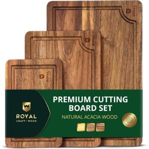 image:imageROYAL CRAFT WOOD Wooden Cutting Boards for Kitchen Meal Prep amp Serving  Bamboo Wood Cutting Board Set with Deep Juice Groove Side Handles  Charcuterie amp Chopping Butcher Block for Meat Set of 3Dark Brown
