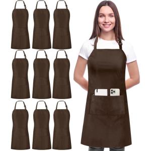 imageUtopia Kitchen 10 Pack Bib Apron Adjustable with 2 Pockets Water and Oil Resistant Cooking Kitchen Chef Apron for Women MenBrown