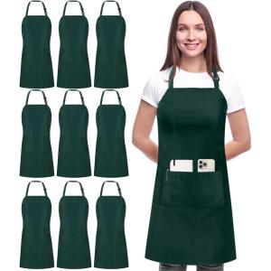 imageUtopia Kitchen 10 Pack Bib Apron Adjustable with 2 Pockets Water and Oil Resistant Cooking Kitchen Chef Apron for Women MenGreen