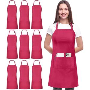 imageUtopia Kitchen 10 Pack Bib Apron Adjustable with 2 Pockets Water and Oil Resistant Cooking Kitchen Chef Apron for Women MenPink