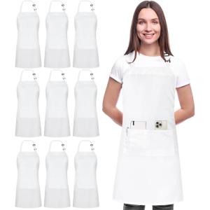 imageUtopia Kitchen 10 Pack Bib Apron Adjustable with 2 Pockets Water and Oil Resistant Cooking Kitchen Chef Apron for Women MenWhite