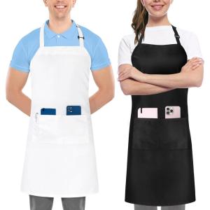 imageUtopia Kitchen 2 Pack Bib Apron Adjustable with 2 Pockets Water and Oil Resistant Cooking Kitchen Chef Apron for Women MenBlack  White