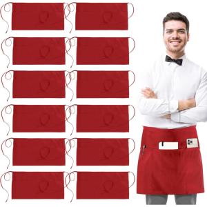 imageUtopia Wear 12 Pack Server Apron with 3 Pockets Waist Apron for Waiter Waitress 12 InchesRed