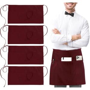 imageUtopia Wear 4 Pack Server Apron with 3 Pockets Waist Apron for Waiter Waitress 12 InchesBurgundy